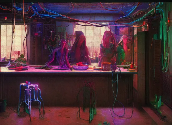 Image similar to A kitchen, neon, RGB, glowing wires everywhere, by Edgar Maxence and Ross Tran, Zdzisław Beksiński, and Michael Whelan, distant, gustav dore, H.R. Giger, 8k, octane render