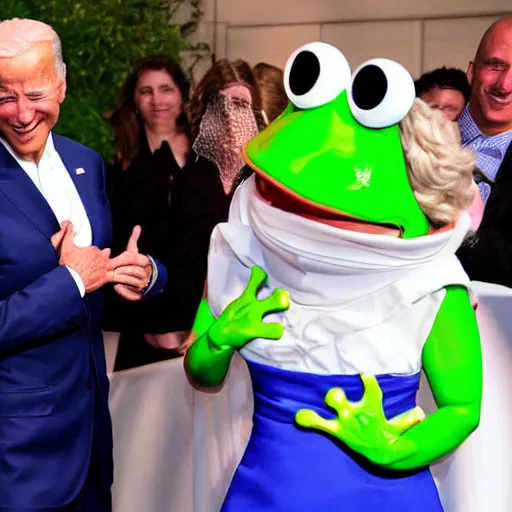 Prompt: joe biden kissing a frog as it turns into a princess