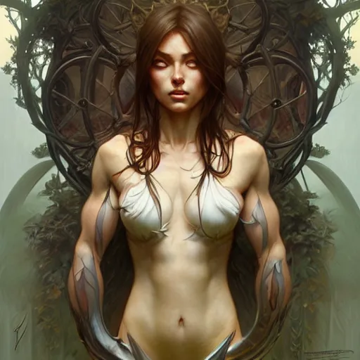 Prompt: portrait of forest gog, female, clear face, masculine, upper body, muscular, fantasy, intricate, elegant, highly detailed, digital painting, artstation, concept art, matte, sharp focus, illustration, art by artgerm and greg rutkowski and alphonse mucha