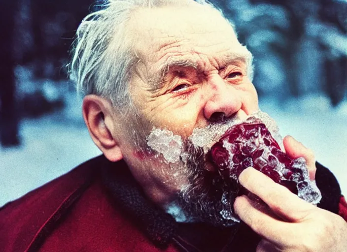Image similar to a extreme close - up, color studio photographic portrait of a old russian man eating ice, dramatic backlighting, 1 9 9 3 photo from life magazine,