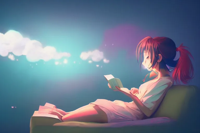 Image similar to a cute anime girl reading a book on a cloud relaxing, misty, glows, digital art, hazy, foggy, ambient lighting, 8 k, neon, synthwave,