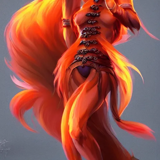 Prompt: A full-length portrait of a beautiful fire fox with nine tails，full of details, concept art, smooth, by Kittichai Rueangchaichan and wlop ，trending on cgsociety and artstation，8kHDR，light effect