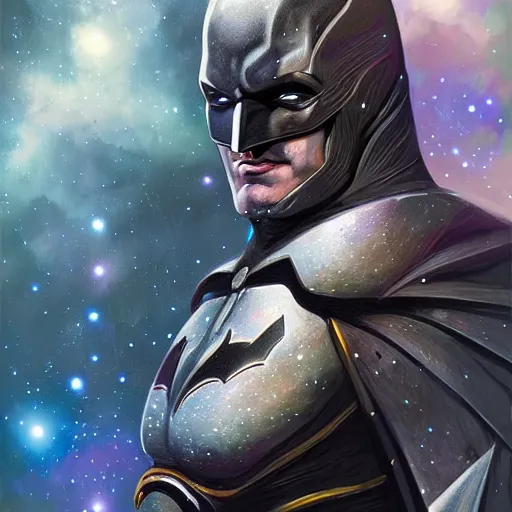 Prompt: Portrait of cosmic Batman, Batsuit made of stars, galaxies, nebulas, intricate, cinematic lighting, highly detailed, digital painting, artstation, concept art, smooth, sharp focus, illustration, art by Artgerm and Greg Rutkowski