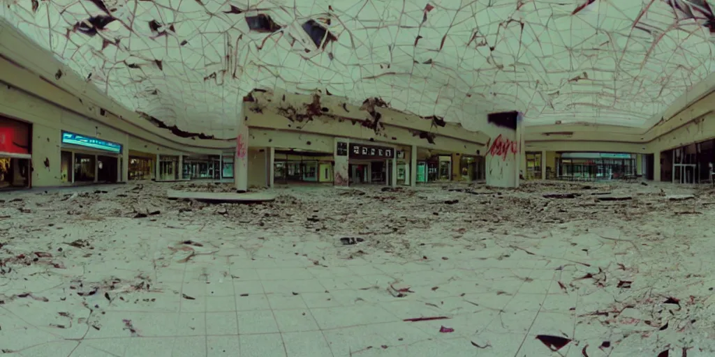 Prompt: abandoned mall, old distorted camcorder video