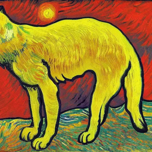 Image similar to painting of retarded wolf, vivid colors, van gogh