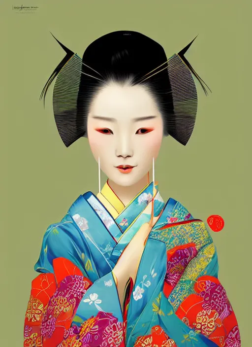 Image similar to female geisha girl, beautiful face, rule of thirds, intricate outfit, spotlight, colourful, by leng jun, digital painting