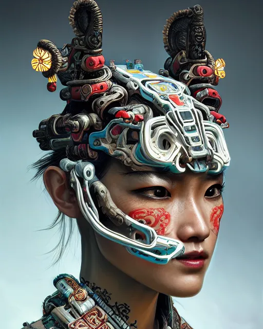 Image similar to portrait of a machine from horizon zero dawn, machine face, upper body, decorated with chinese opera motifs, asian, traditional chinese art, intricate, elegant, highly detailed, digital painting, artstation, concept art, smooth, sharp focus, illustration, art by artgerm and greg rutkowski and alphonse mucha, 8 k