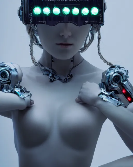 Prompt: 3 / 4 portrait photo by bouguereau of female dancer as a cyberpunk mecha humanoid robotic parts wearing goggles with led lights, inside white room, ultra - realistic and detailed, 8 k