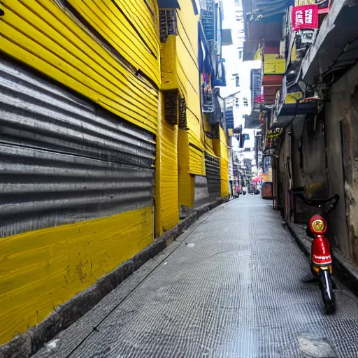 Image similar to Taiwan small alleyway corrugated aluminium roller shutter doors, concrete rendering, concrete poles with yellow and black diagonal thick warning lines for the scooters