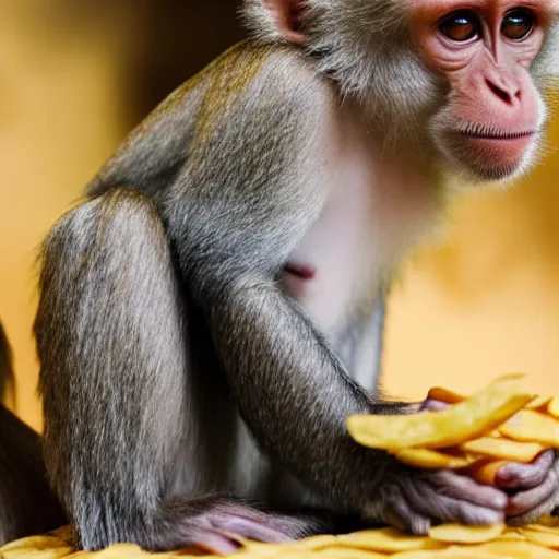 Prompt: a monkey sitting on a sofa, eating chips and watching TV, side view, professional photo