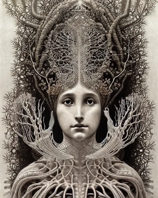 Image similar to realistic detailed underwater portrait of the beutiful young goddess of the fish of the three times with an intricate headdress of corals, sea kelp, sea plants, fish, jellyfish, art by ernst haeckel, zdzisław beksinski, h. r. giger, alphonse mucha, gothic, neo - gothic, ornamental,