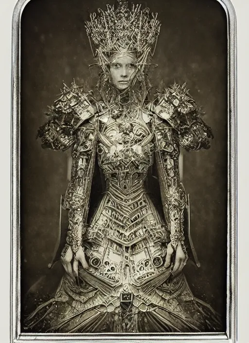 Image similar to old wetplate daguerreotype frame portrait of a futuristic silver armored queen elisabeth emperor district 9 cyborg, fractal, intricate, elegant, highly detailed, subsurface scattering, by jheronimus bosch and greg rutkowski and louis jacques mande daguerre