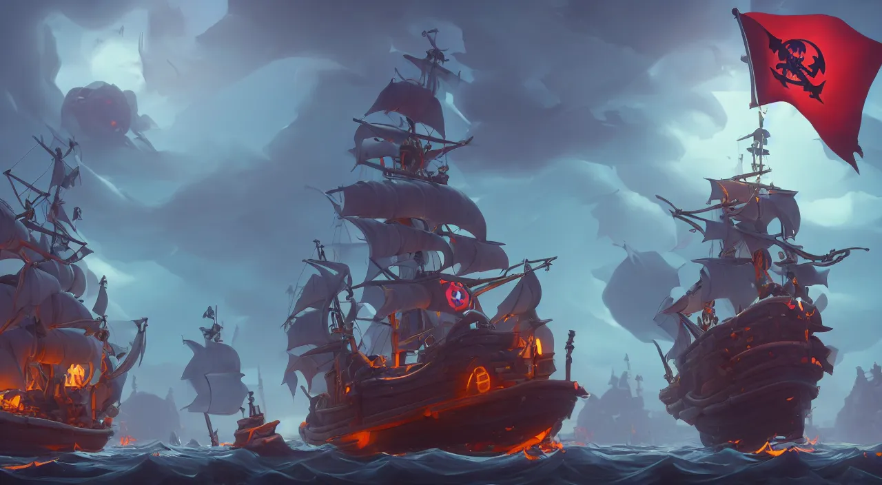 Image similar to a wide shot of a stylized 3D CGI fortnite pirate ghost ship with the black Jolly Roger flag, fantasy art overwatch and heartstone, by RHADS, symmetrical, cgsociety, artstation hq, octane render, 8k,