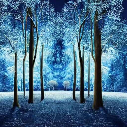 Prompt: Photorealistic, highly detailed, forest landscape, dark blue background, illuminated big wintry oak trees with different colors, night time