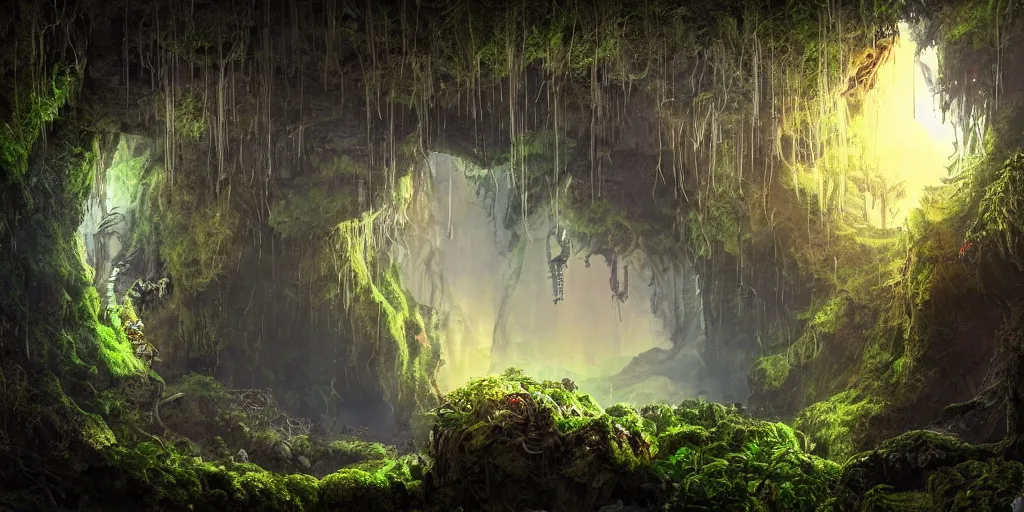 Image similar to magnificent mechanical steampunk monster looking eerily into a cave entrance with lush vegetation and mystical (((glowing algae))) in the sunset, light coming through from holes in the ceiling, waterfalls, desaturated, creepy ambiance, dangerous, sharp focus, highly detailed, artgerm