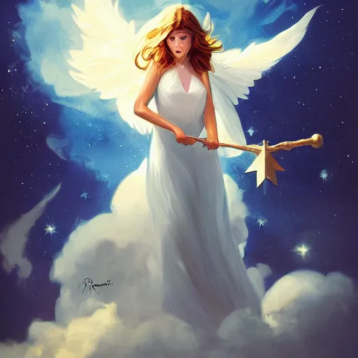 Prompt: The conceptual art features a woman with wings made of stars, surrounded by a blue and white night sky. The woman is holding a staff in one hand, and a star in the other. She is wearing a billowing white dress, and her hair is blowing in the wind. by Andreas Rocha random