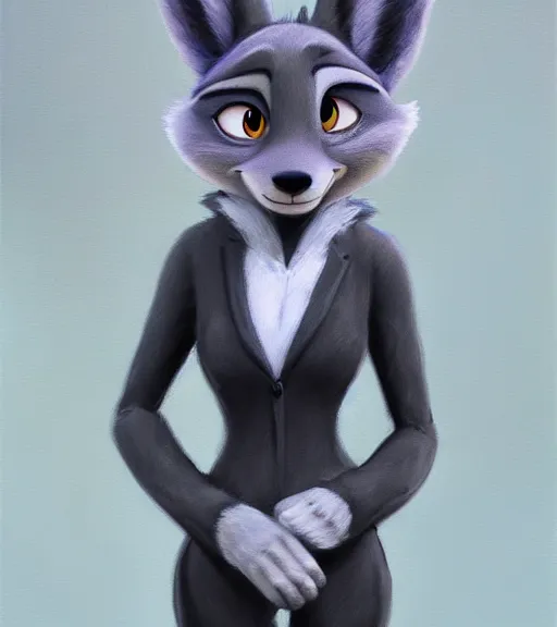 Image similar to oil painting of detailed full body of anthromorphic female wolf, in style of zootopia, zootopia, zootopia, fursona, furry, furaffinity, 4 k, deviantart, furry art, fursona art, wearing black business suit, business suit, in style of zootopia, wolf fursona, cyberpunk, female, expressive detailed feminine face,