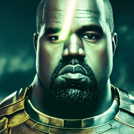 Image similar to Portrait of Kanye West as Thanos, glowing eyes, splash art, movie still, cinematic lighting, dramatic, octane render, long lens, shallow depth of field, bokeh, anamorphic lens flare, 8k, hyper detailed, 35mm film grain