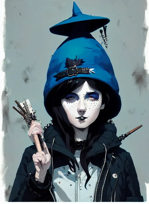 Prompt: highly detailed closeup portrait of a punk witch young lady student, blue witch hat, black parka, blue hair by atey ghailan, by greg rutkowski, by greg tocchini, by james gilleard, by joe fenton, by kaethe butcher, gradient, blue, black, brown and cream color scheme, grunge aesthetic!!! white graffiti tag wall background