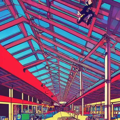 Prompt: mall, truss building, red trusses, complex truss roof, building, geodesic building, cel - shading, 2 0 0 1 anime, flcl, jet set radio future, the world ends with you, bright sunshine, cel - shaded, strong shadows, vivid hues, y 2 k aesthetic, art by artgerm