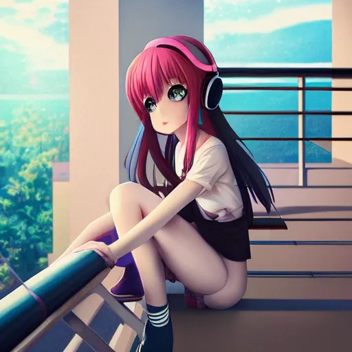 Image similar to anime girl sitting on a balcony while listening to music, anime key visual, aesthetic, trending on artstation, deviantart, artgem, perfect composition, ross draws, wlop, 8 k