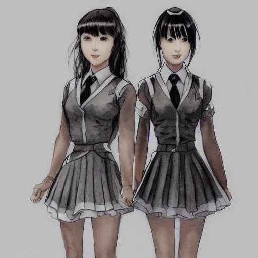 Image similar to a perfect, realistic professional digital sketch of two Japanese schoolgirls posing, in style of Marvel, full length, by pen and watercolor, by a professional American senior artist on ArtStation, a high-quality hollywood-style sketch, on high-quality paper