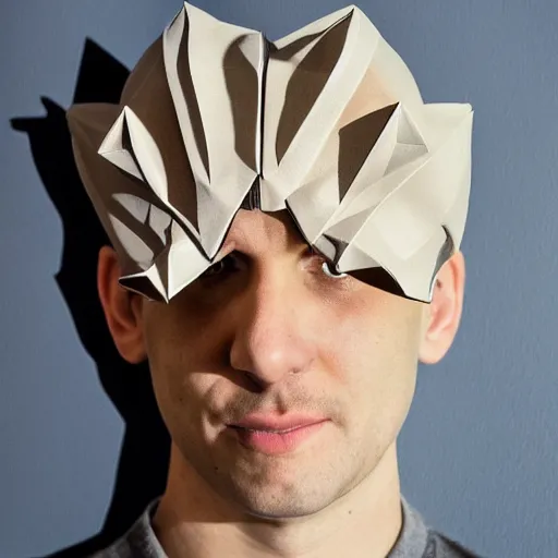 Image similar to an paper origami portrait of a caucasian man with wavey short hair, made from paper, friedly smile, raised eyebrows, great composition, ambient light