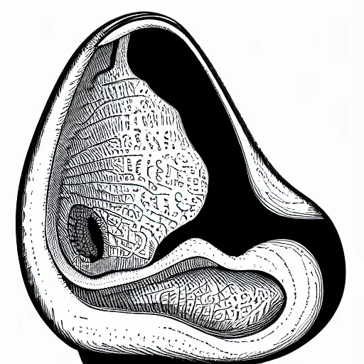 Prompt: stipple shaded illustration of a human ear, a bird looking inside the ear, by ilya kuvshinov, anatomy book, retro flat colors, retrofuturism