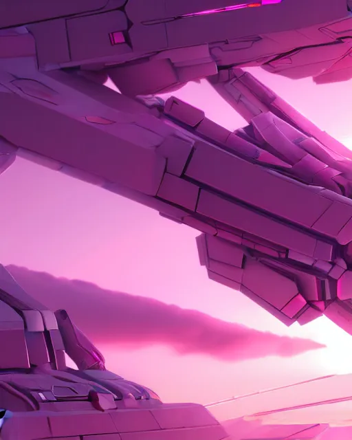 Image similar to hyperrealistic 3d render mecha iridescent pink cloudy landscape background concept art vray ute osterwald de chirico sharp cinematic very moody light 8k low angle shallow depth of field