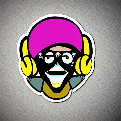 Image similar to svg vector sticker of absolutely insane-mad-scientist-villain, rocking out, wearing headphones, huge speakers, dancing, rave, DJ, spinning records, digital art, amazing composition, rule-of-thirds, award-winning, trending on artstation, featured on deviantart