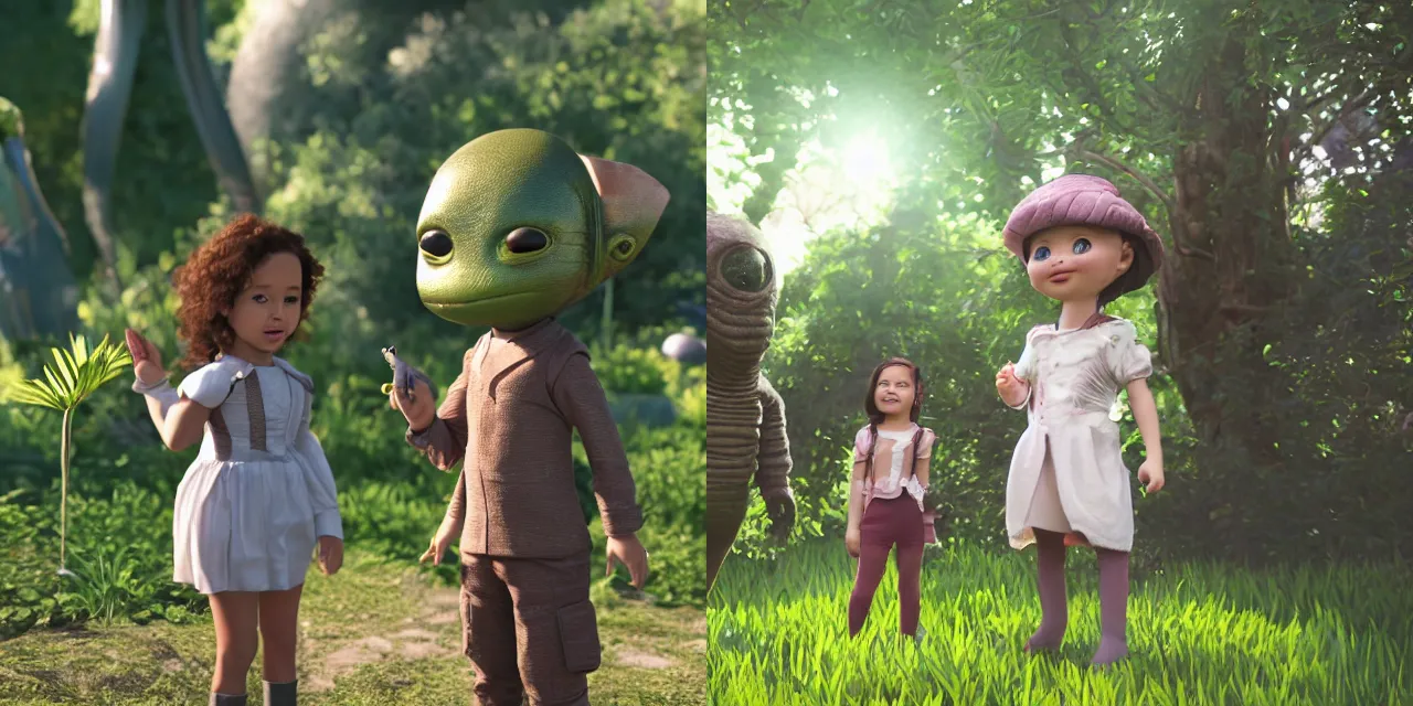 Prompt: a girl and a boy standing next to some alien plants, a small cute alien creature is standing next to them, in a park on a alien planet, looking happy, wearing victorian clothes, ultra realistic facial details, enhanced faces, ultra photorealistic raytracing, 8k