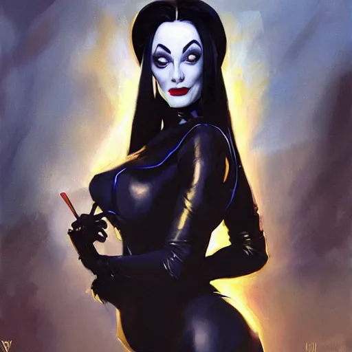 Image similar to greg manchess portrait painting of partially armored morticia from addams family as overwatch character, medium shot, asymmetrical, profile picture, organic painting, sunny day, matte painting, bold shapes, hard edges, street art, trending on artstation, by huang guangjian and gil elvgren and greg rutkowski