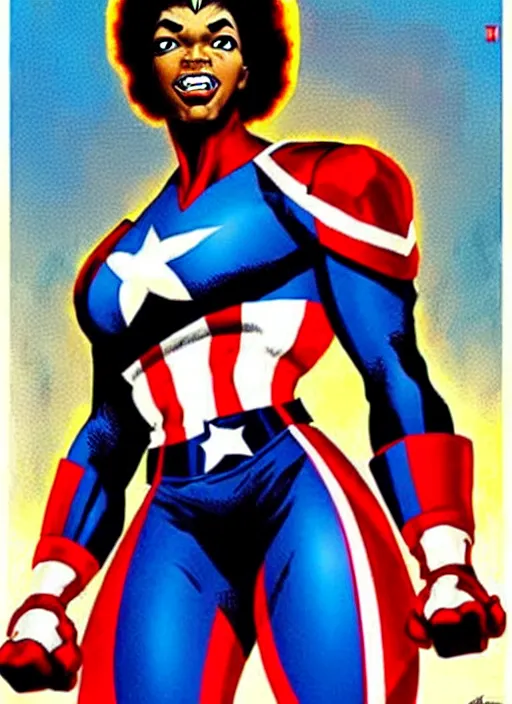 Image similar to beautiful black female captain america. afro - feminist captain america wins wwii. american wwii propaganda poster by james gurney, rob liefeld and pixar. gorgeous face. overwatch, realistic. black power