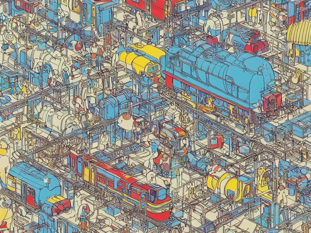 Image similar to colorful blueprint sideview of a anime train, illustration, concept art, autumn light, colorful, beautiful, studio ghibli, hayao miyazaki, takashi murakami, manga, cute and adorable