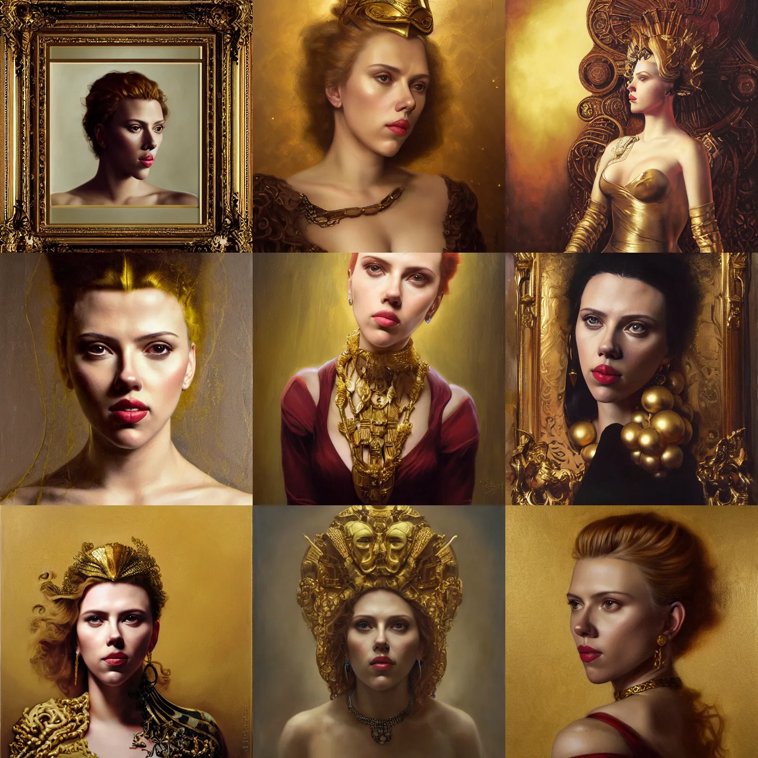 Prompt: portrait of scarlett johansson with a golden mask and necklace, by alexander mcqueen, by roberto ferri, by tom bagshaw, by j. c. leyendecker and klimt, by austin osman spare, highly detailed oil painting, very intricate, cinematic lighting, award - winning, american romanticism, artstation, cgsociety, official art, octane