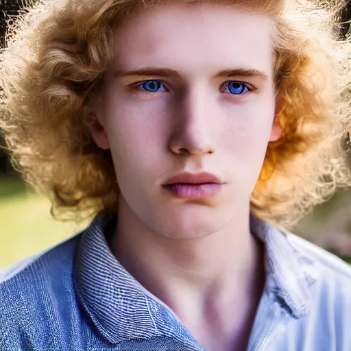 Image similar to close up of 1 8 year old man with wavy / curly light blonde hair, blue eyes, pale complexion, wearing 1 9 5 0 s clothing, 8 5 mm f / 1. 4