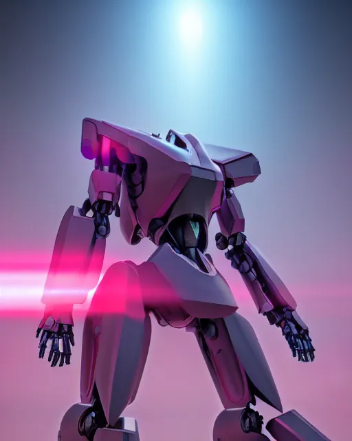 Image similar to hyperrealistic 3d render full mecha iridescent pink foggy landscape concept art vray ute osterwald de chirico sharp cinematic very moody light 8k low angle shallow depth of field