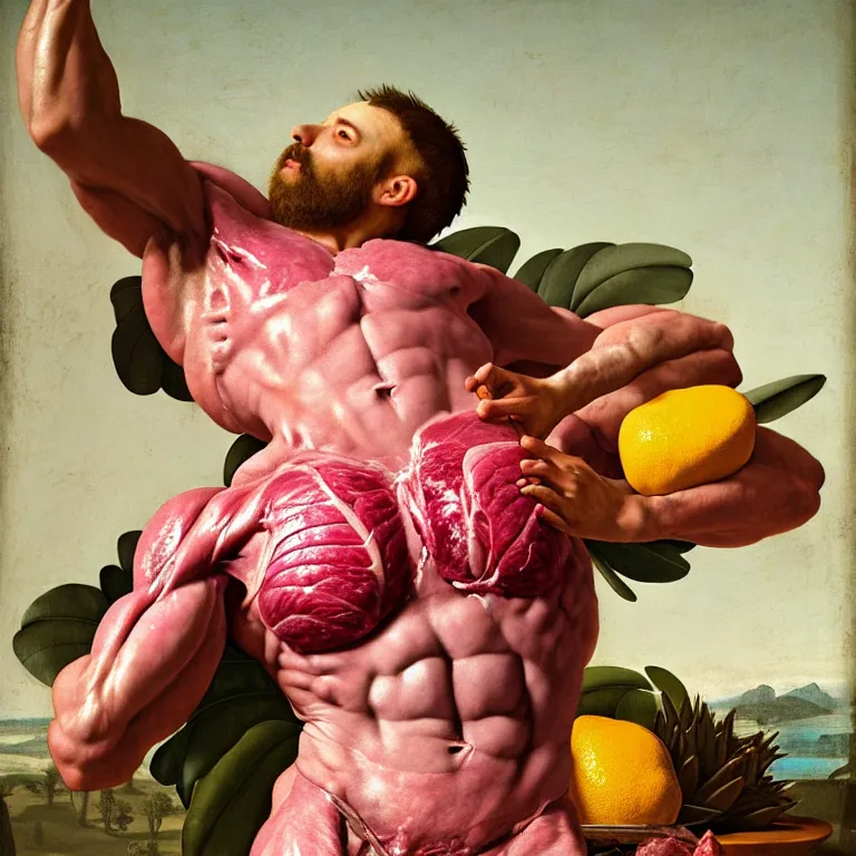 Prompt: still life of beautiful perfect muscled man body, surrounded by pastel tropical flowers, tropical fruit, human spine, rotten meat flesh with colorful mold, muscle tissue, spikes, baroque painting, beautiful detailed intricate insanely detailed octane render, 8K artistic photography, photorealistic, chiaroscuro, Raphael, Caravaggio