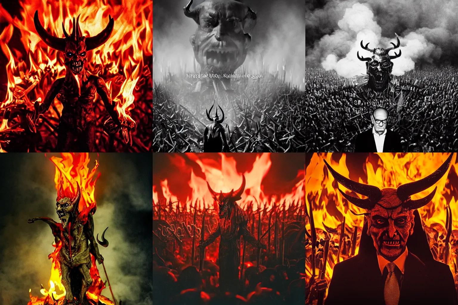 Prompt: The Devil with the head of Rupert Murdoch standing in front of his satanic army in hell, photo realistic, 35mm photograph, fire and flames and smoke, depth of field