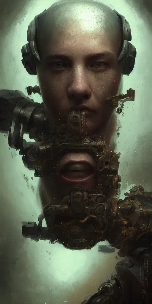 Image similar to close up face portrait of a machine dreaming with it's eyes open in a bathtub inside of a apocalyptic bathroom, extremely detailed digital painting, in the style of fenghua zhong and ruan jia and jeremy lipking and peter mohrbacher, mystical colors, rim light, beautiful lighting, 8 k, stunning scene, raytracing, octane, trending on artstation