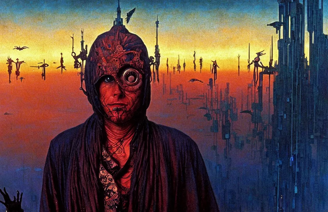 Image similar to extremely detailed portrait film shot of a birdman wearing dark ragged robes, futuristic city sunset landscape background by denis villeneuve, amano, yves tanguy, alphonse mucha, ernst haeckel, max ernst, roger dean, ridley scott, dramatic closeup composition, rich moody colours, blue eyes