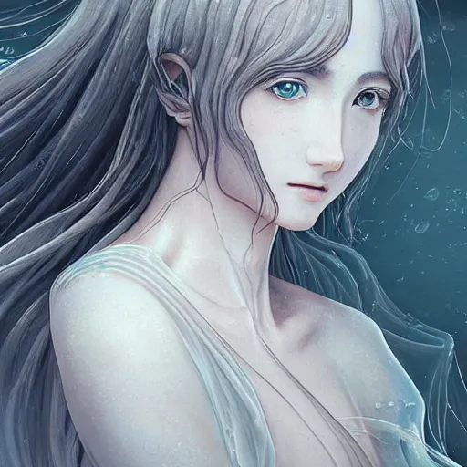 Image similar to “a delicate renaissance marble sculpture covered with water veil, highly detailed transparent marble cloth, a beautiful girl with long black hair in, island background, intricate, highly detailed, digital painting, artstation, official media, anime key visual, concept art, rich vivid colors, ambient lighting, sharp focus, illustration, art by Artgerm, Makoto Shinkai, Ilya Kuvshinov, Lois Van Baarle, and Rossdraws, gi, global illumination, physically based rendering, photorealistic, top light , dark background”