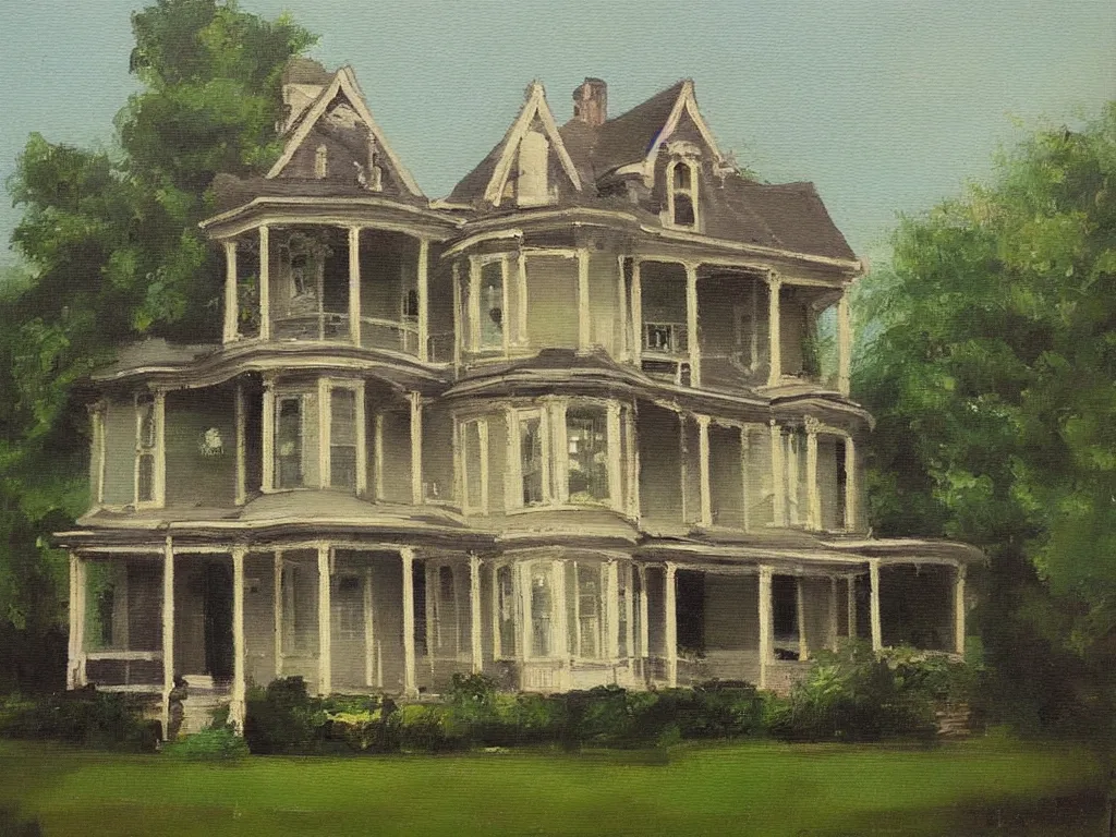 Image similar to “A oil painting of a greenVictorian house”