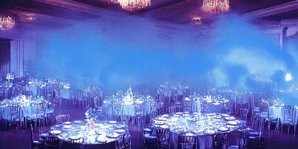 Image similar to a blue glowing phantom hovers inside of a banquet hall ( 1 9 8 4 ).