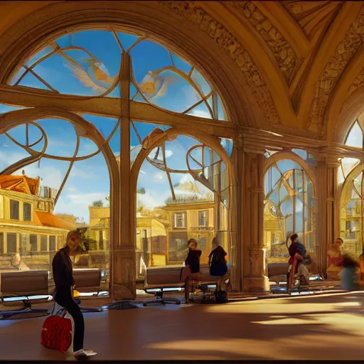 Prompt: a colorful airport terminal in the baroque architectural style from 1 7 0 0 s europe, with travellers walking around and airplanes visible through the windows, an airplane is taking off in the sky through the windows, octane render, unreal engine, photorealistic, filled with natural light