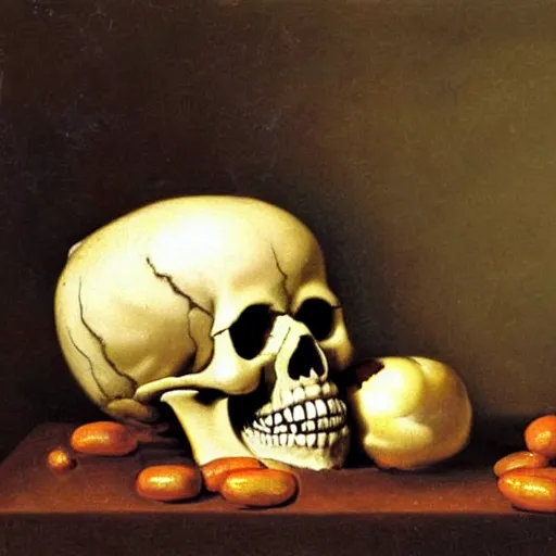 Prompt: Baroque still life painting of a skull overflowing with baked beans