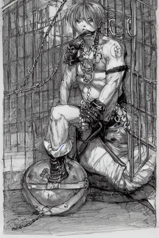 Prompt: aesthetic portrait of a pirate wearing a ball and chain by masamune shirow and alex horley - orandelli, sitting under a window with bars inside a prison, concept art, centered, deviantart