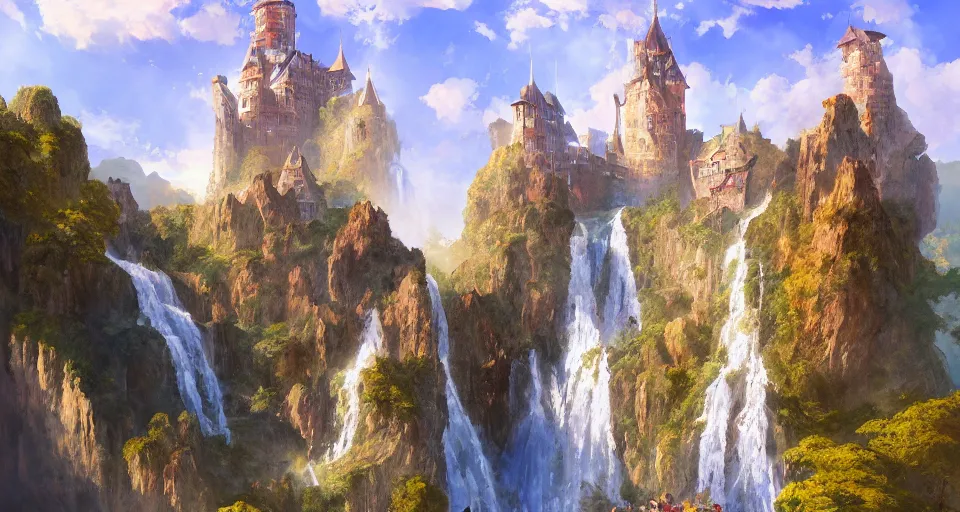 Image similar to A beautiful digital painting of a castle, waterfall, lovely valley by Stanley Artgerm Lau, frank frazetta, Rossdraws, James Jean, gerald brom, Andrei Riabovitchev, Marc Simonetti, and Sakimichan, trending on artstation