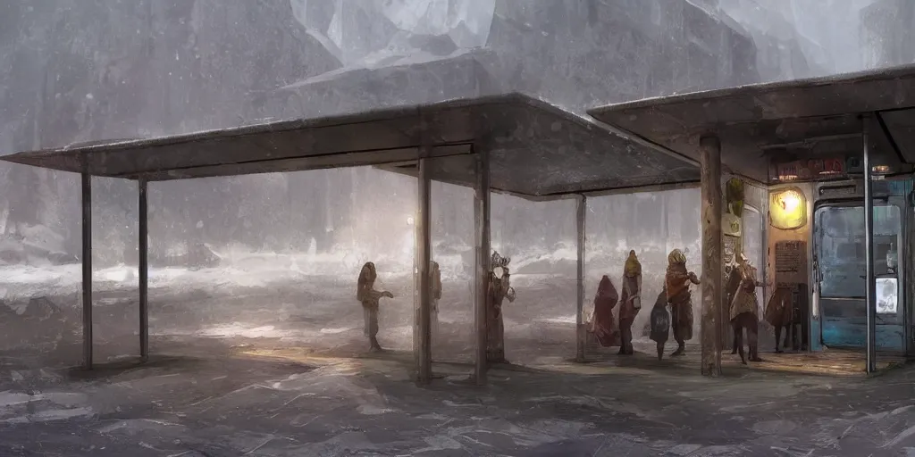 Prompt: concept art of a sealed bus stop for the far north in style of marc simonetti