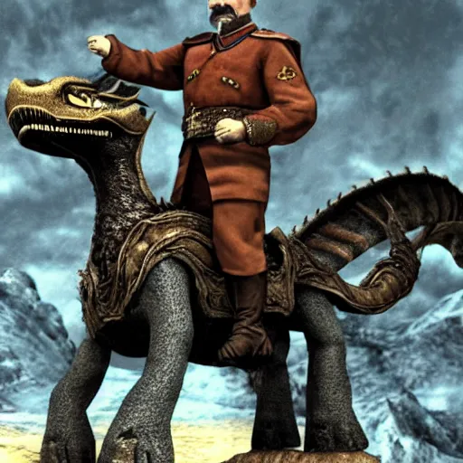 Image similar to Photo of Joseph Stalin riding the dragon from skyrim ,